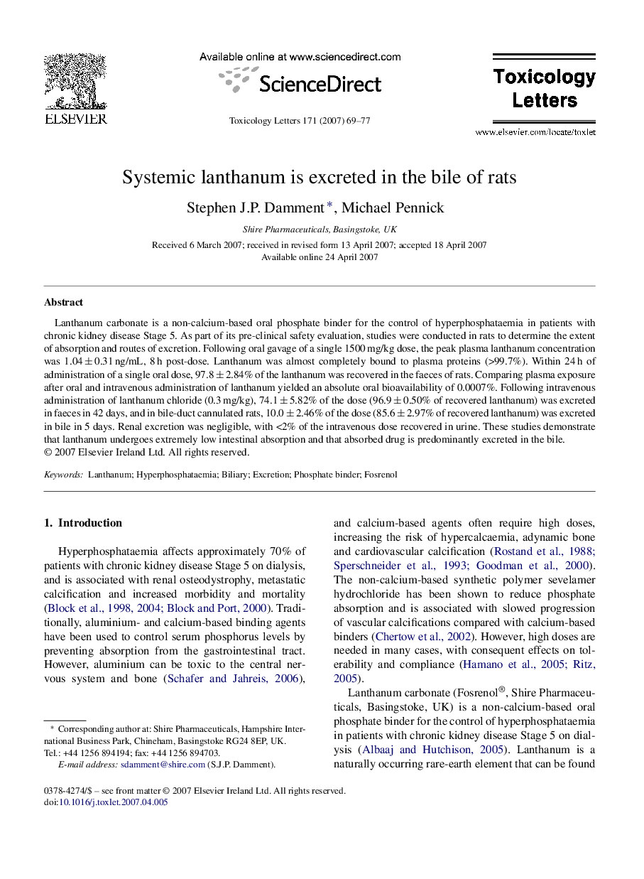 Systemic lanthanum is excreted in the bile of rats