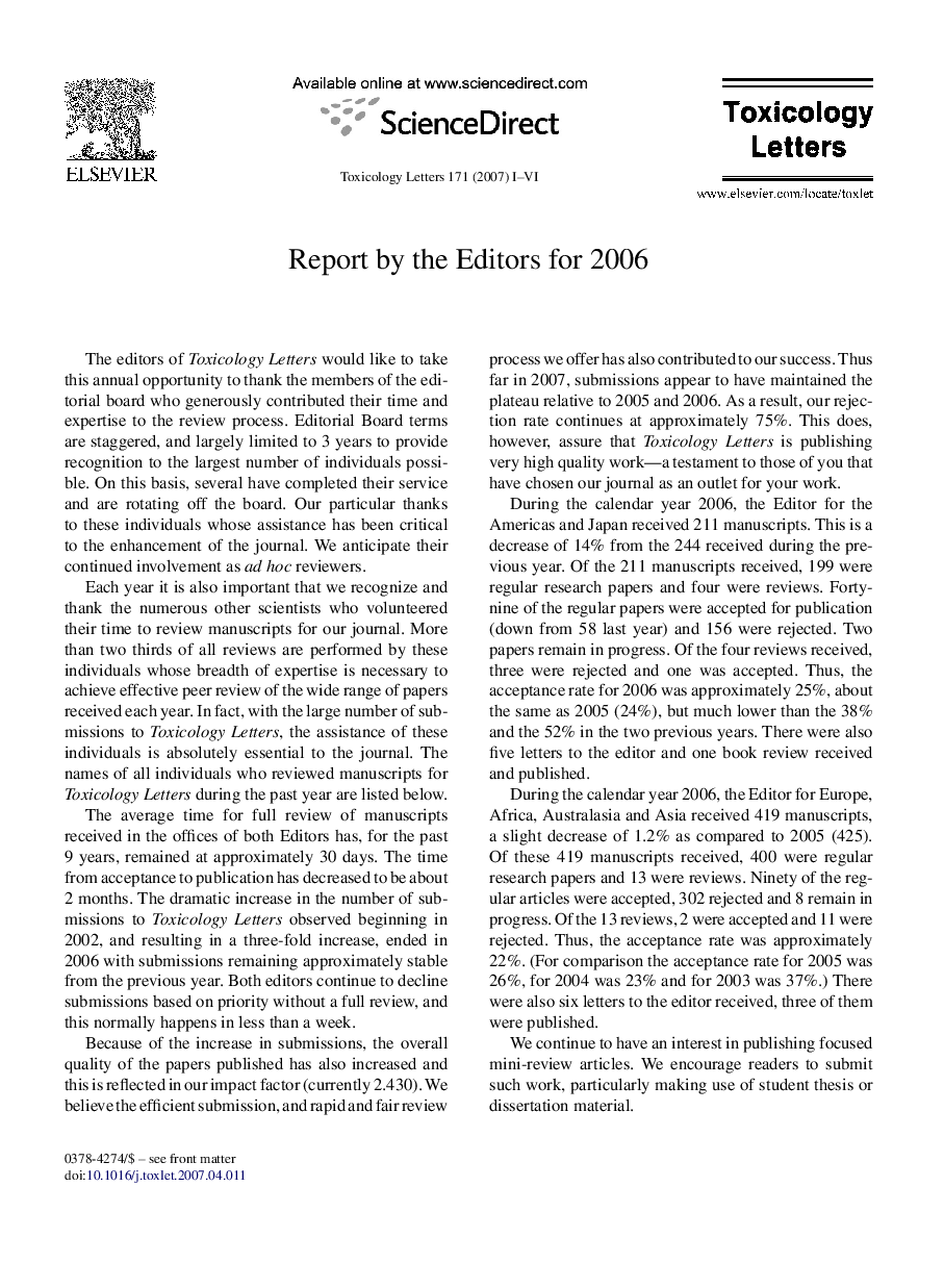 Report by the Editors for 2006