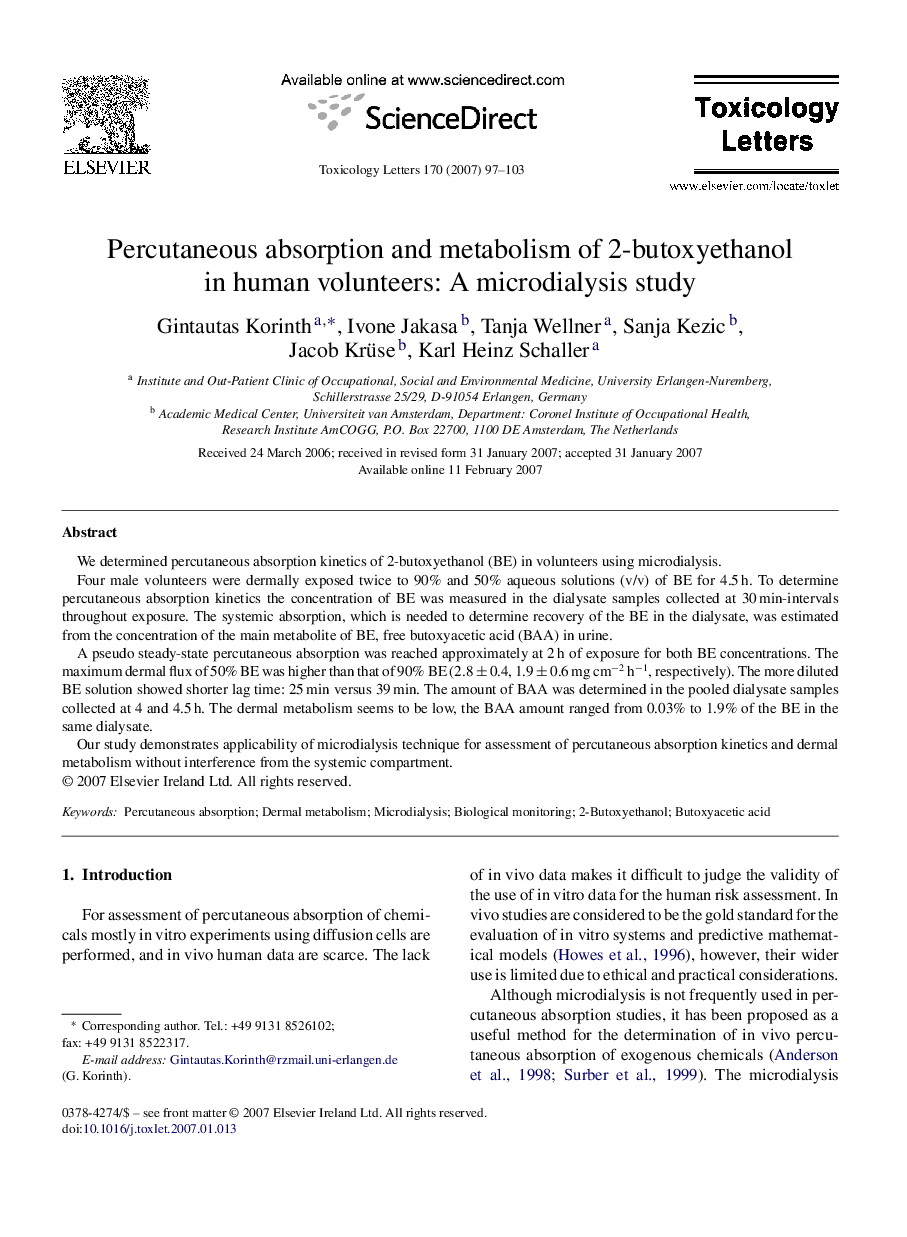 Percutaneous absorption and metabolism of 2-butoxyethanol in human volunteers: A microdialysis study