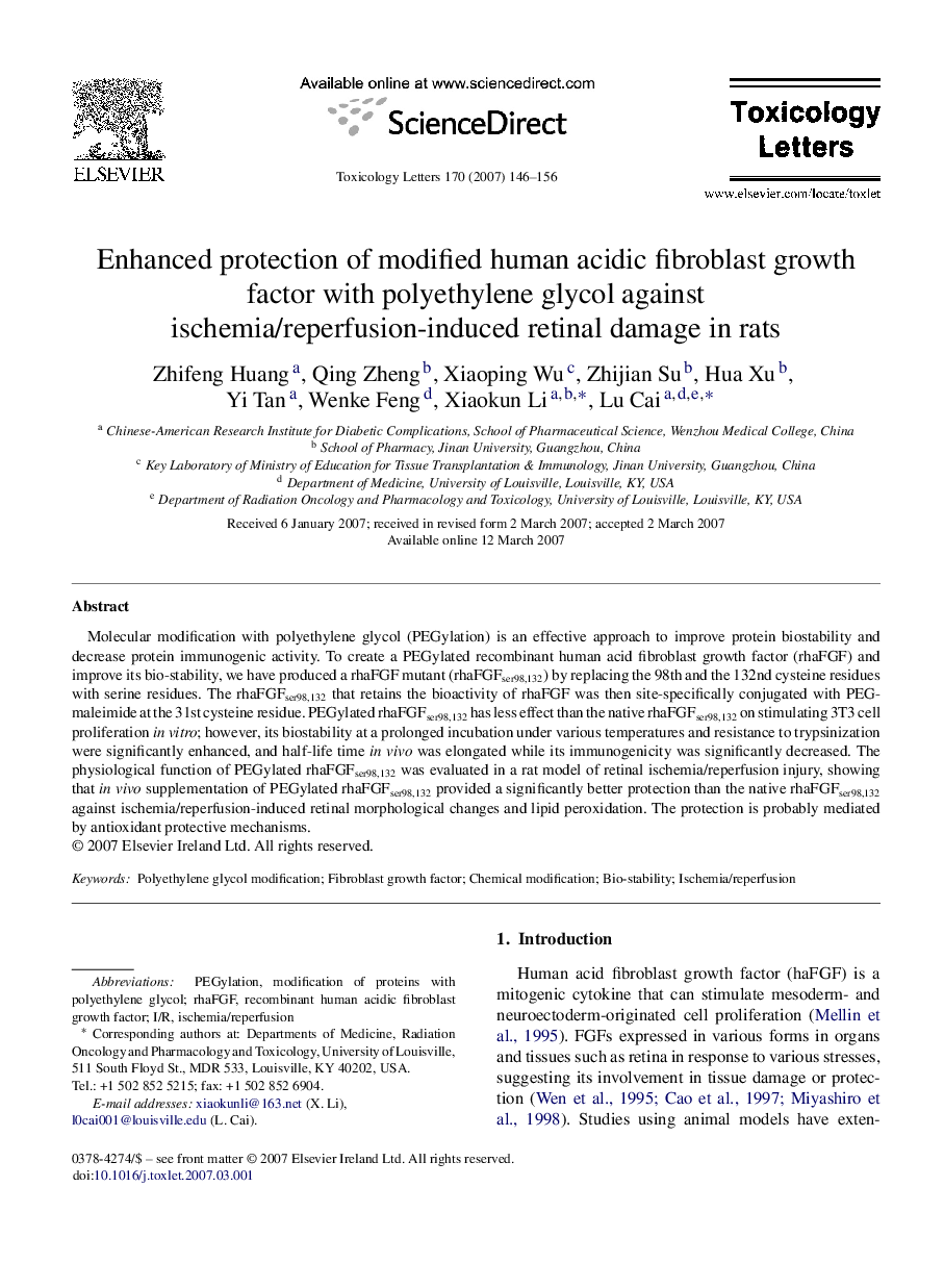 Enhanced protection of modified human acidic fibroblast growth factor with polyethylene glycol against ischemia/reperfusion-induced retinal damage in rats