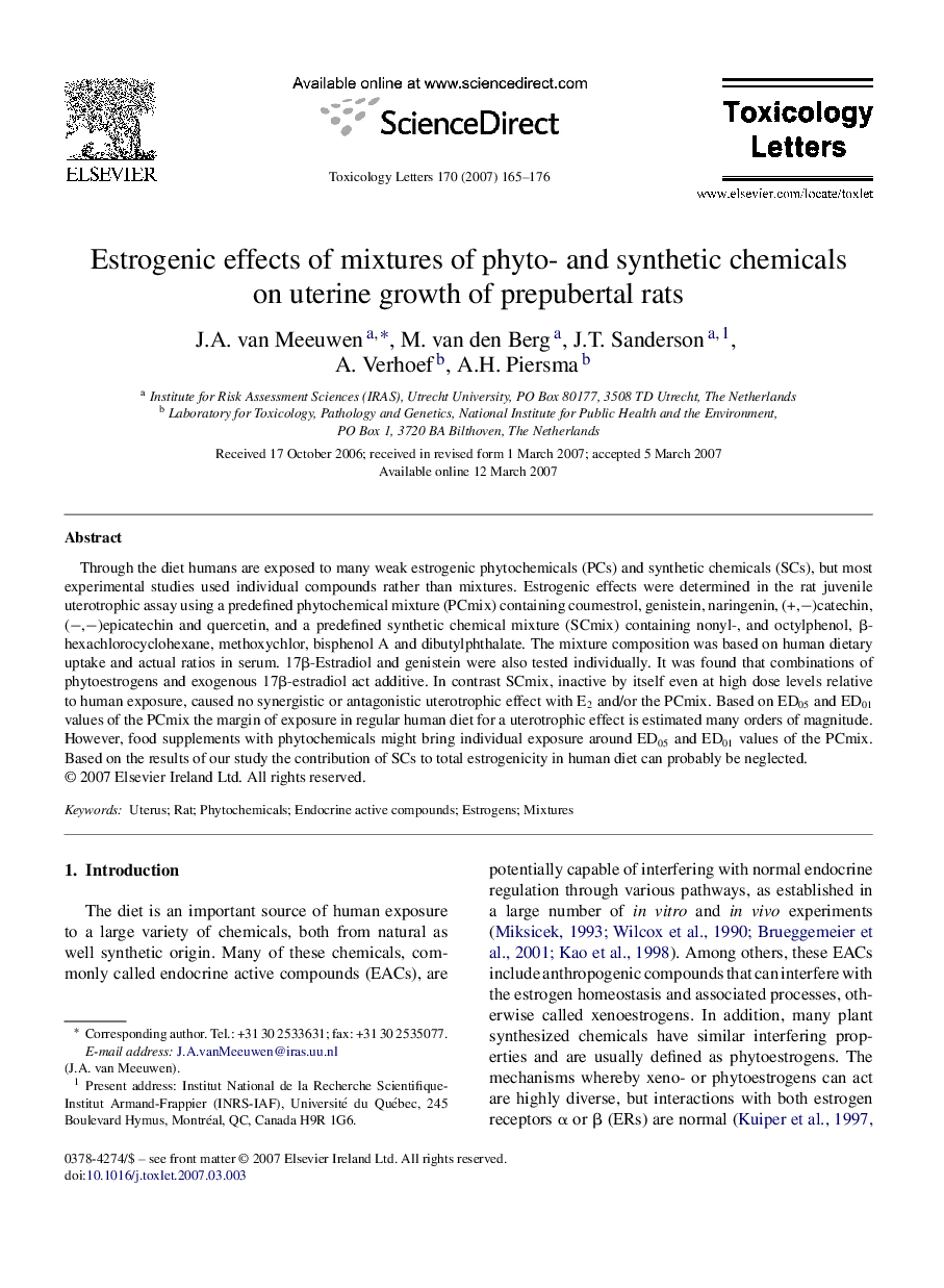 Estrogenic effects of mixtures of phyto- and synthetic chemicals on uterine growth of prepubertal rats