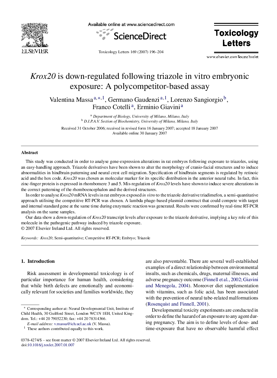 Krox20 is down-regulated following triazole in vitro embryonic exposure: A polycompetitor-based assay