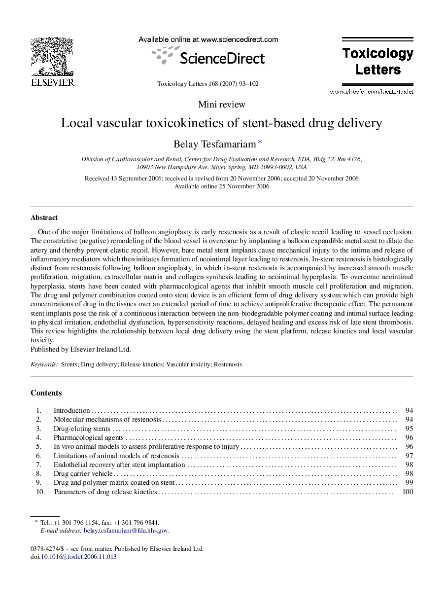 Local vascular toxicokinetics of stent-based drug delivery