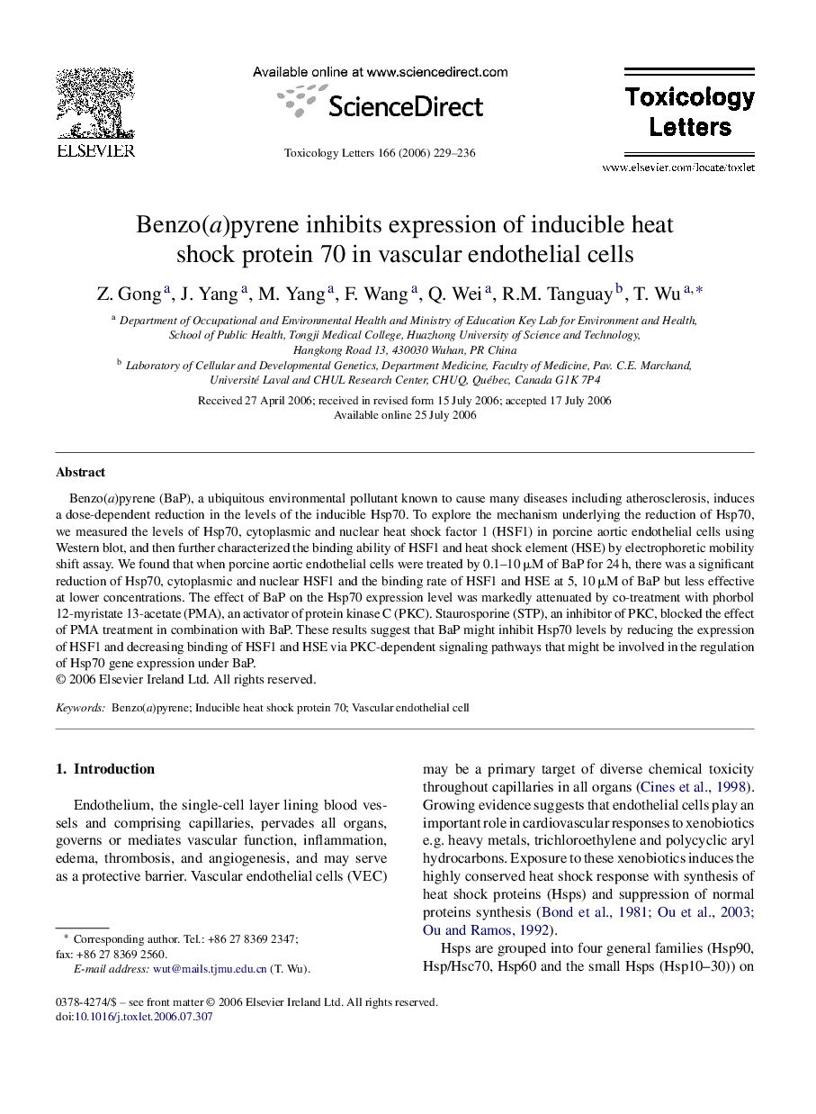 Benzo(a)pyrene inhibits expression of inducible heat shock protein 70 in vascular endothelial cells