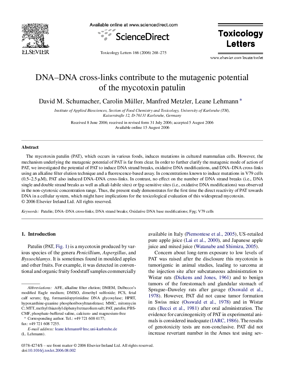 DNA–DNA cross-links contribute to the mutagenic potential of the mycotoxin patulin