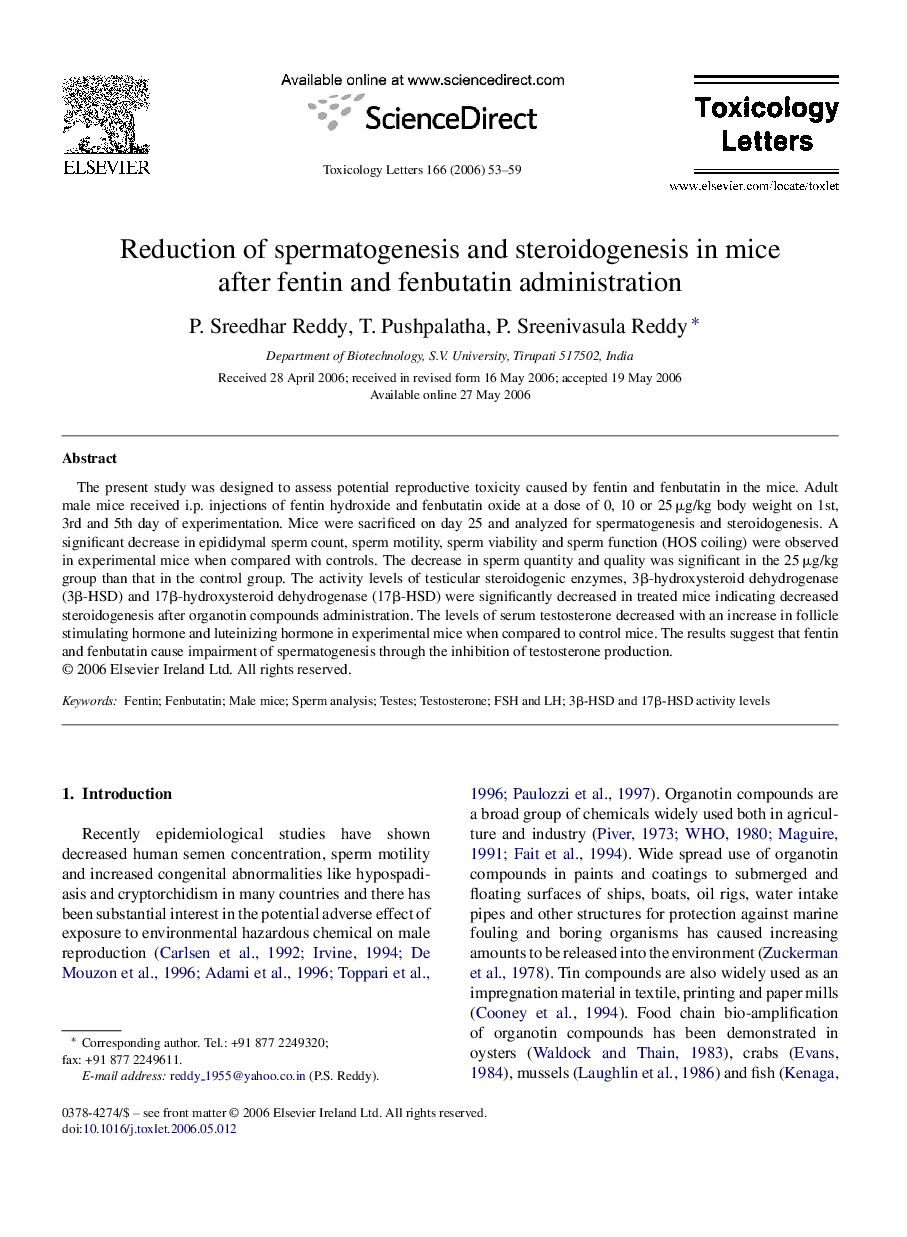 Reduction of spermatogenesis and steroidogenesis in mice after fentin and fenbutatin administration