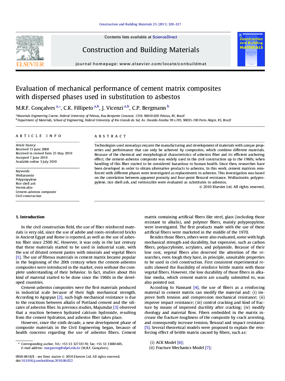 Evaluation of mechanical performance of cement matrix composites with dispersed phases used in substitution to asbestos