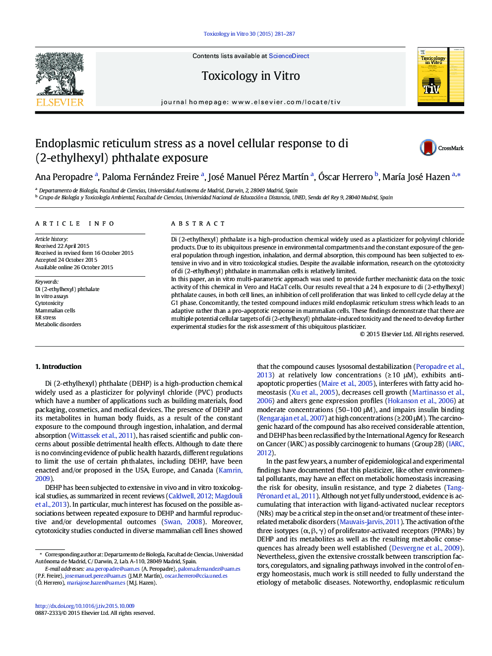 Endoplasmic reticulum stress as a novel cellular response to di (2-ethylhexyl) phthalate exposure