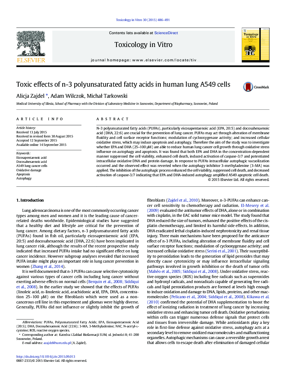 Toxic effects of n-3 polyunsaturated fatty acids in human lung A549 cells