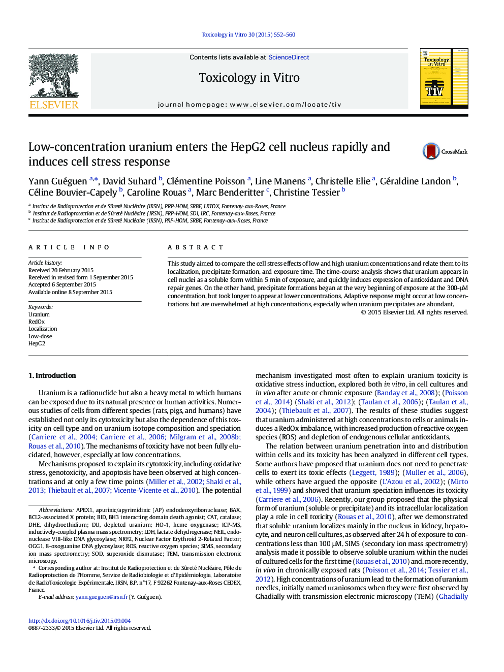 Low-concentration uranium enters the HepG2 cell nucleus rapidly and induces cell stress response