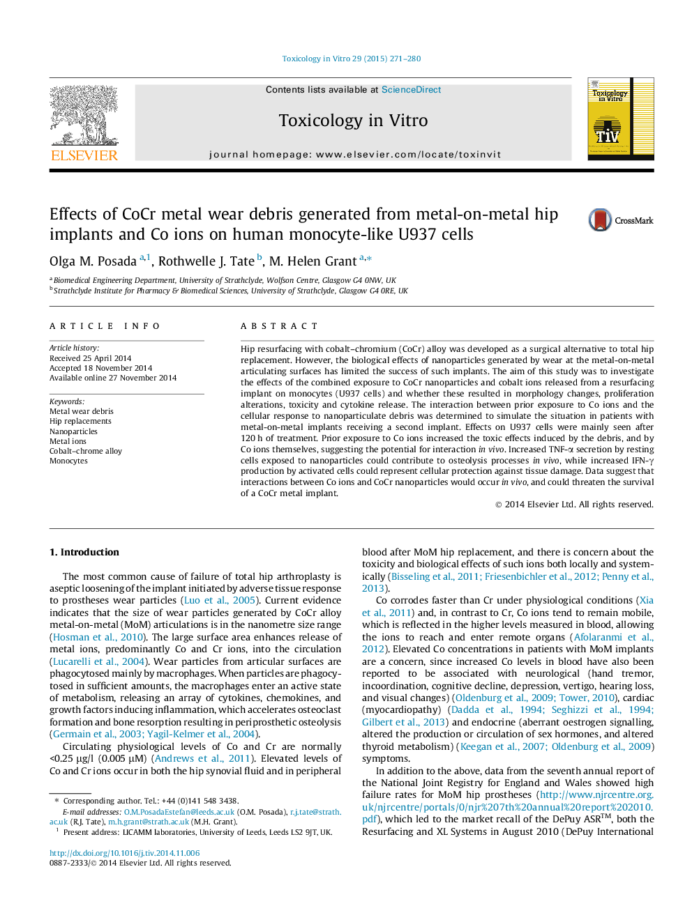 Effects of CoCr metal wear debris generated from metal-on-metal hip implants and Co ions on human monocyte-like U937 cells