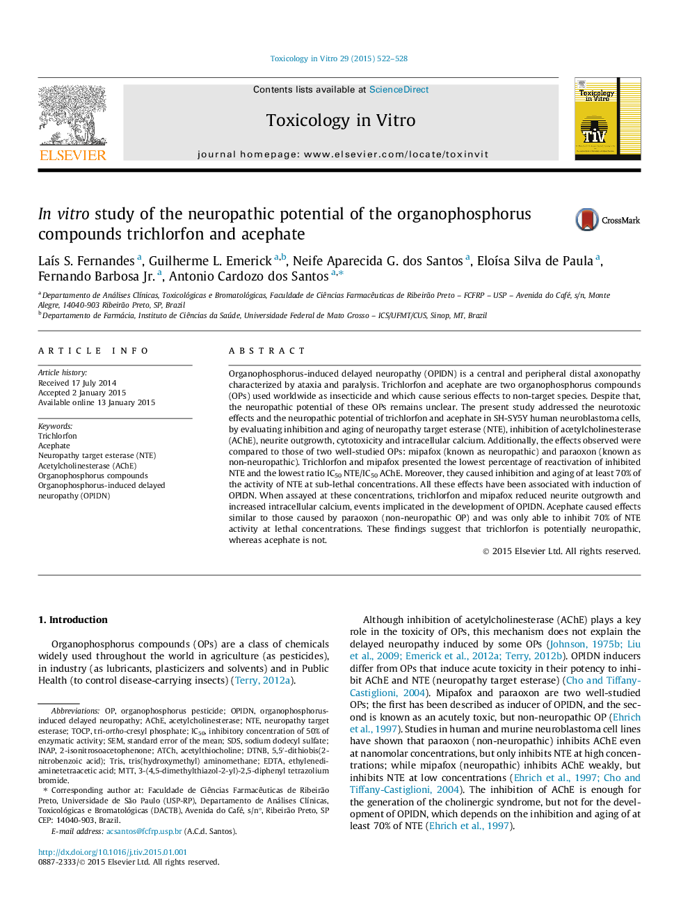 In vitro study of the neuropathic potential of the organophosphorus compounds trichlorfon and acephate