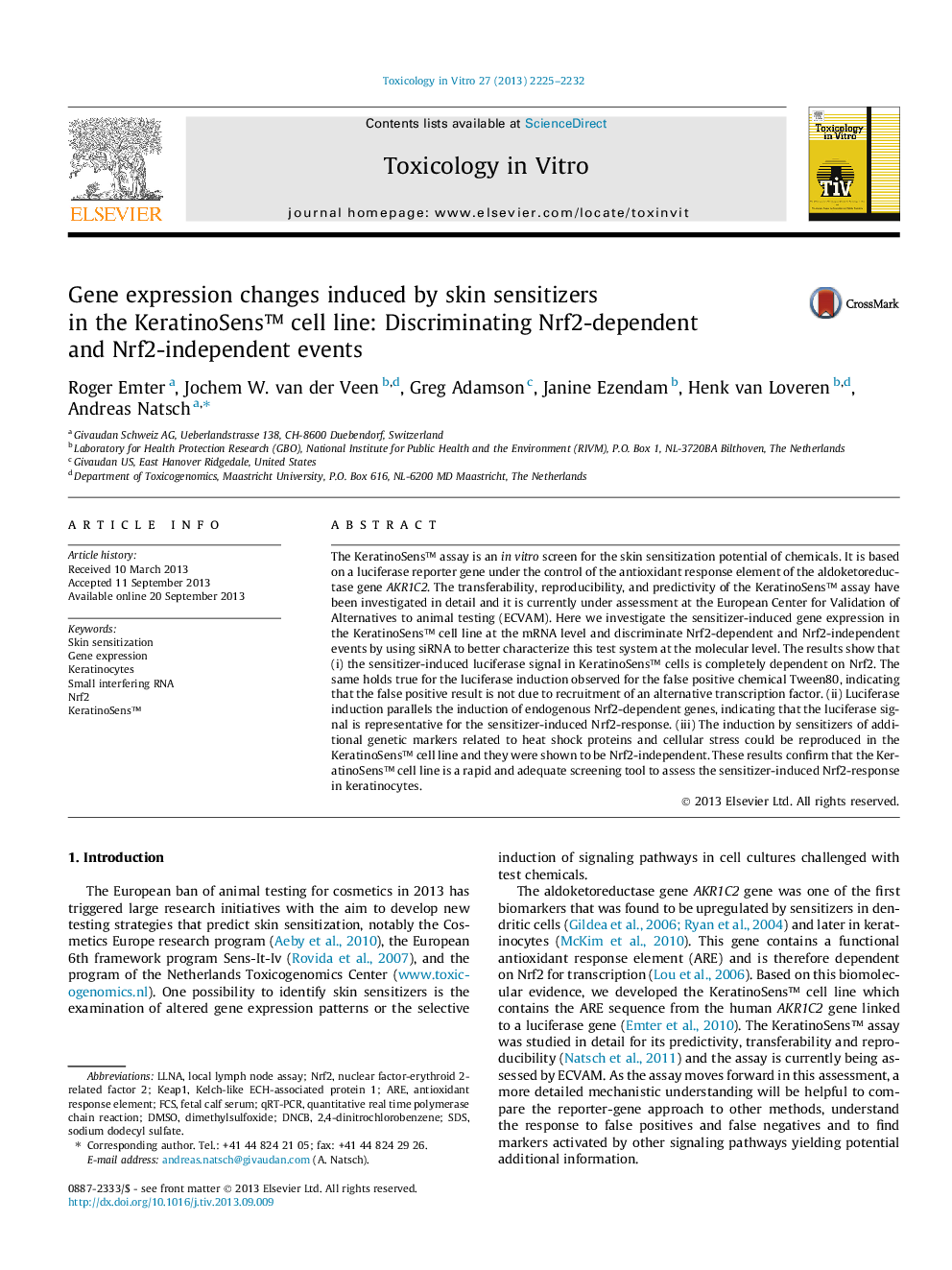 Gene expression changes induced by skin sensitizers in the KeratinoSens™ cell line: Discriminating Nrf2-dependent and Nrf2-independent events