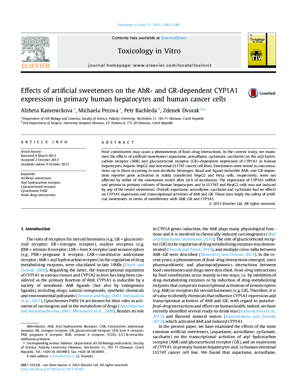 Effects of artificial sweeteners on the AhR- and GR-dependent CYP1A1 expression in primary human hepatocytes and human cancer cells