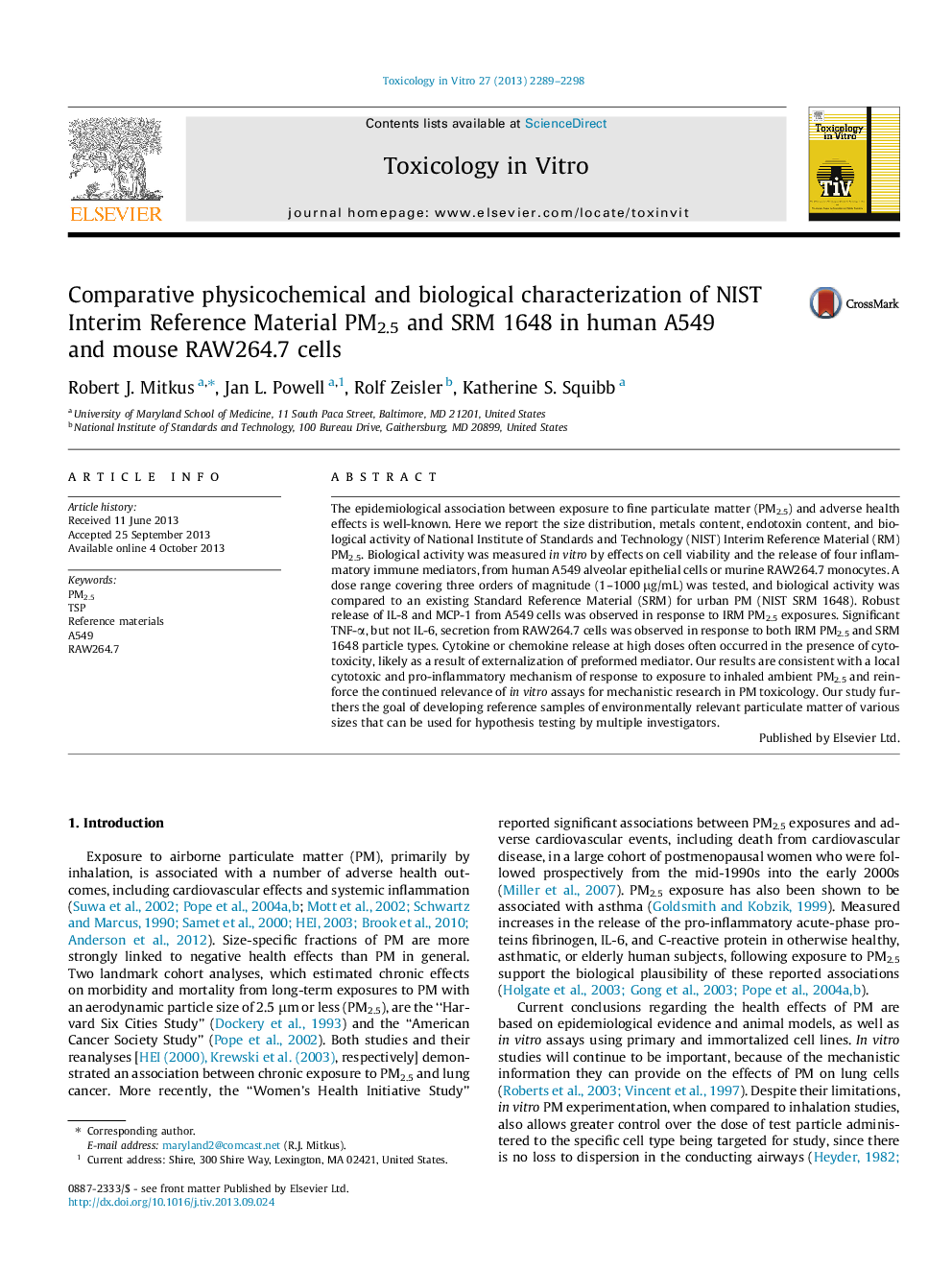 Comparative physicochemical and biological characterization of NIST Interim Reference Material PM2.5 and SRM 1648 in human A549 and mouse RAW264.7 cells