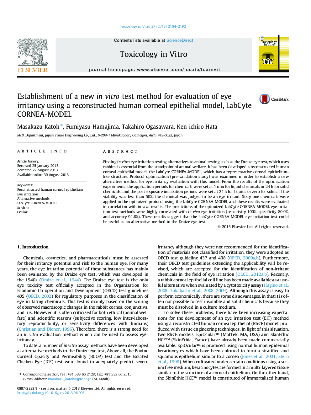 Establishment of a new in vitro test method for evaluation of eye irritancy using a reconstructed human corneal epithelial model, LabCyte CORNEA-MODEL