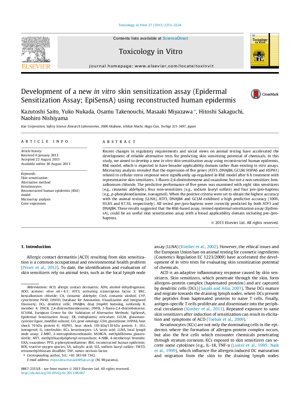 Development of a new in vitro skin sensitization assay (Epidermal Sensitization Assay; EpiSensA) using reconstructed human epidermis