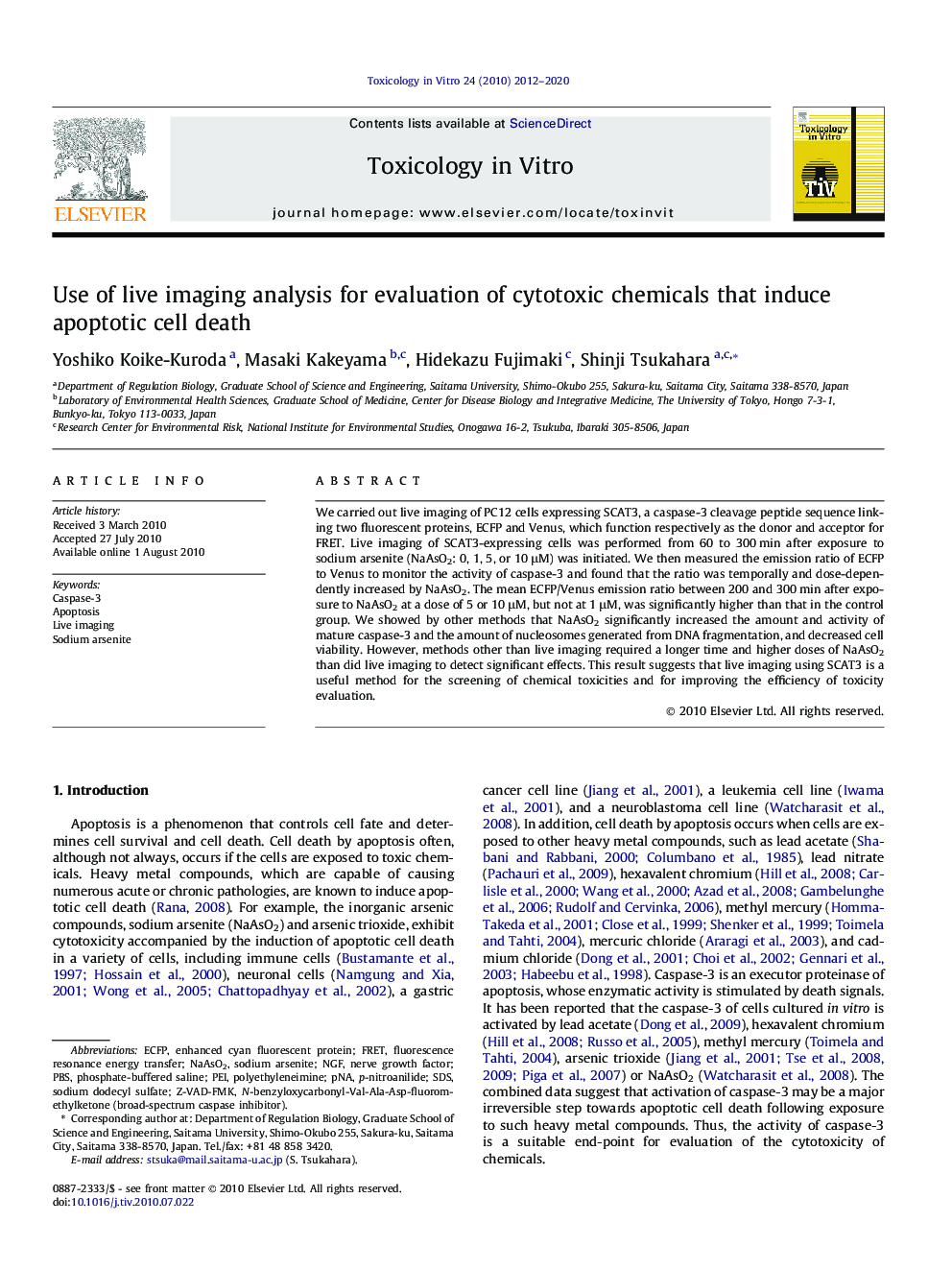 Use of live imaging analysis for evaluation of cytotoxic chemicals that induce apoptotic cell death