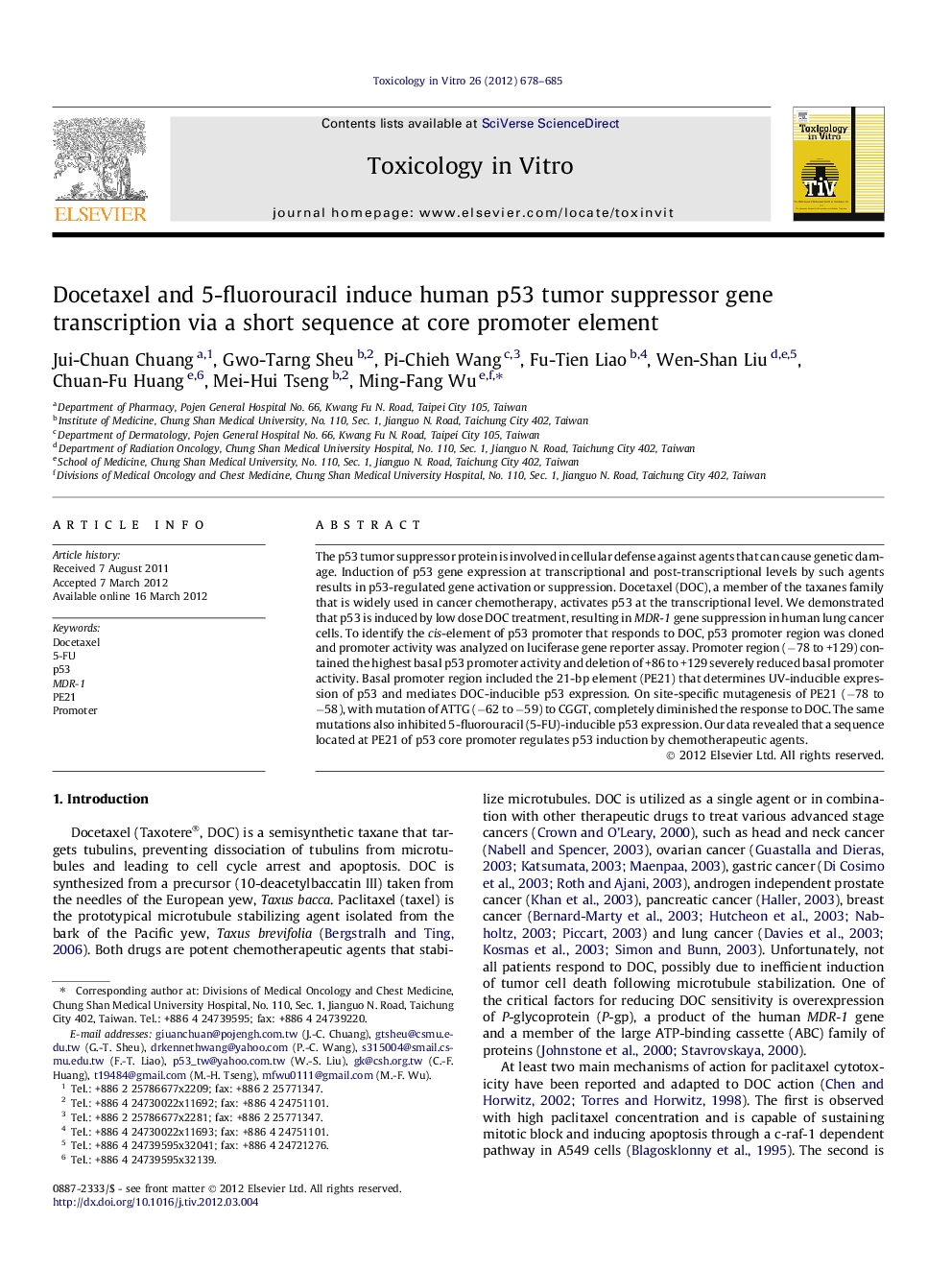 Docetaxel and 5-fluorouracil induce human p53 tumor suppressor gene transcription via a short sequence at core promoter element