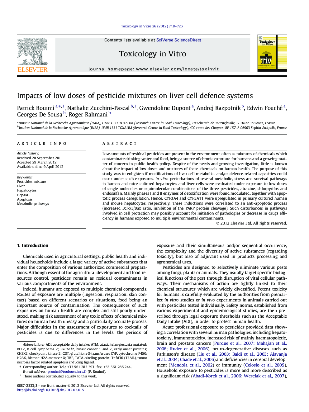 Impacts of low doses of pesticide mixtures on liver cell defence systems