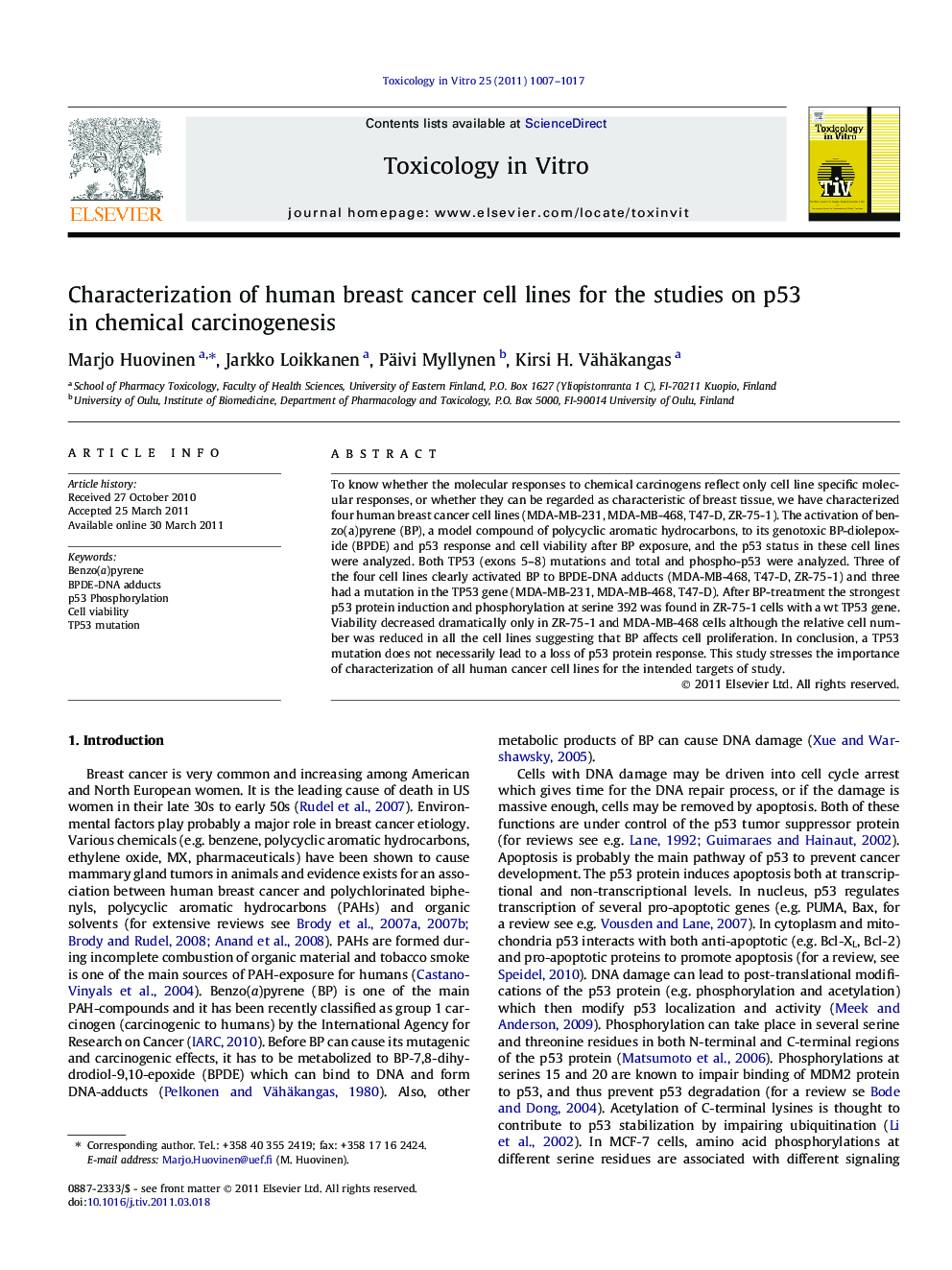 عکس صفحه اول مقاله: Characterization of human breast cancer cell lines for the studies on p53 in chemical carcinogenesis Characterization of human breast cancer cell lines for the studies on p53 in chemical carcinogenesis