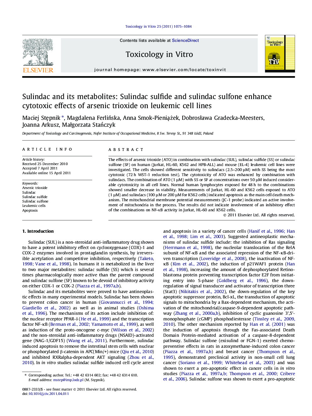 Sulindac and its metabolites: Sulindac sulfide and sulindac sulfone enhance cytotoxic effects of arsenic trioxide on leukemic cell lines