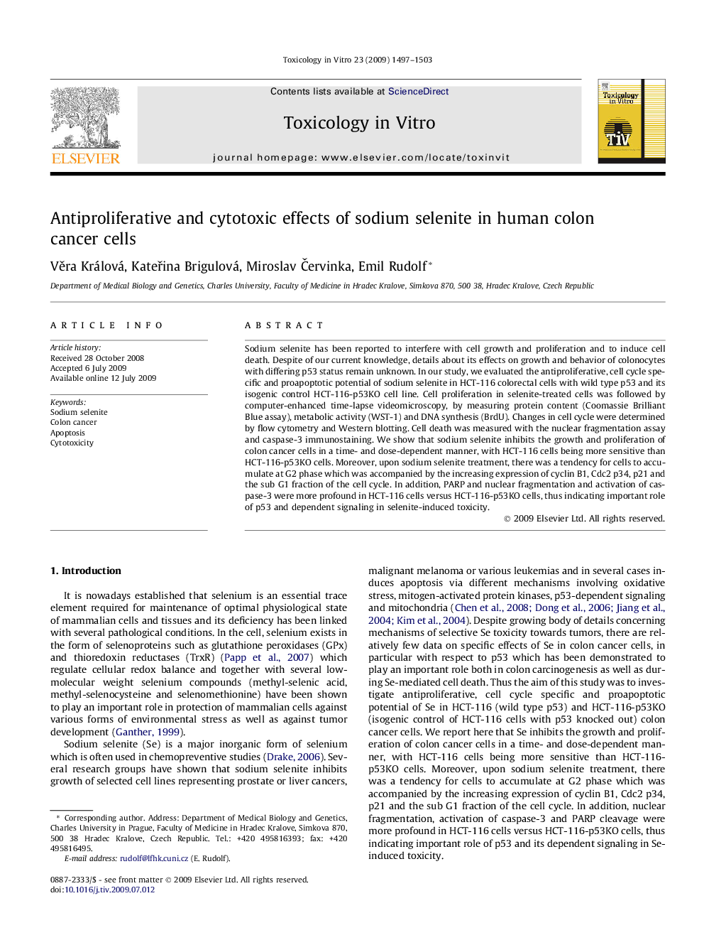 Antiproliferative and cytotoxic effects of sodium selenite in human colon cancer cells