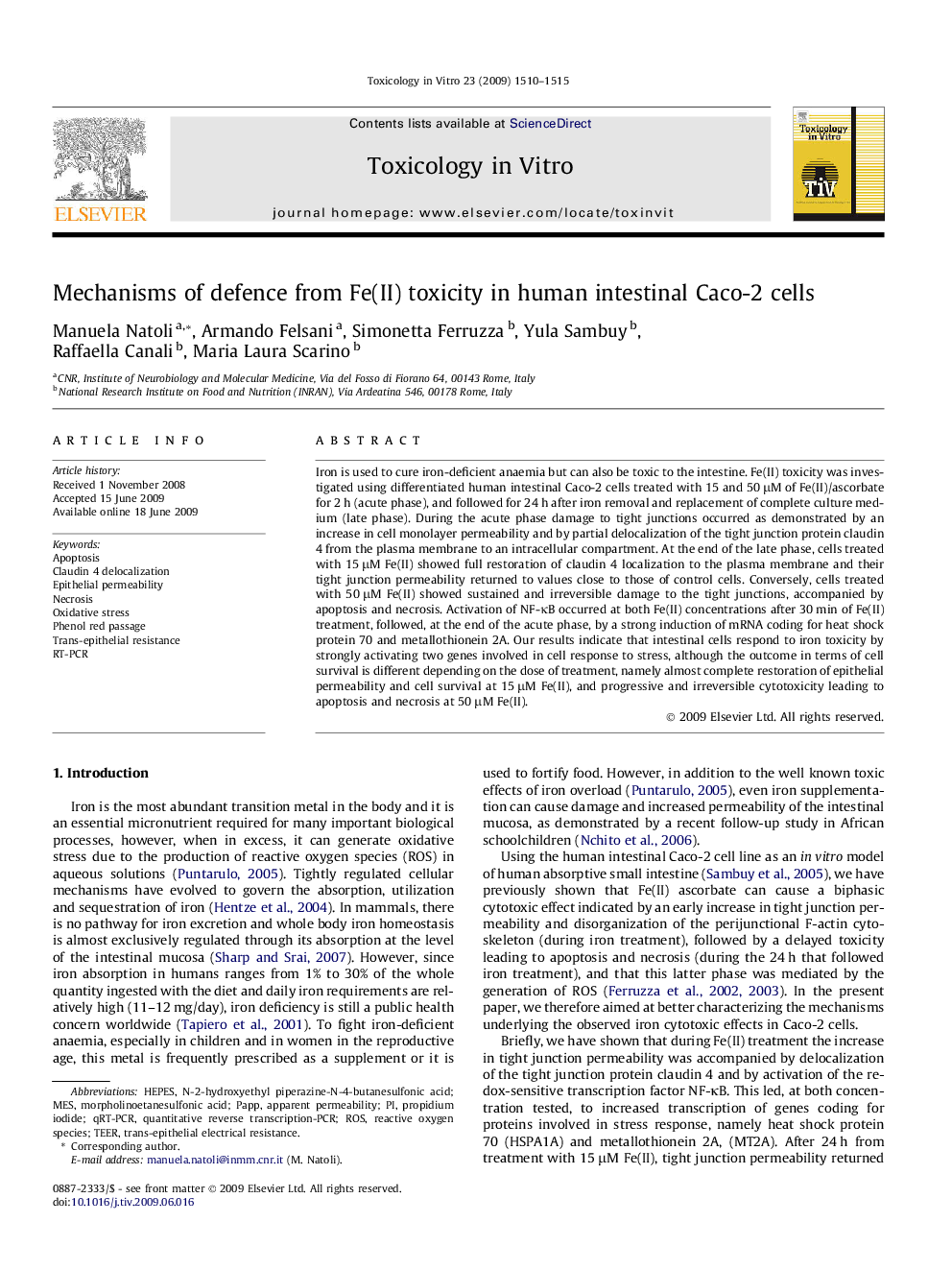 Mechanisms of defence from Fe(II) toxicity in human intestinal Caco-2 cells