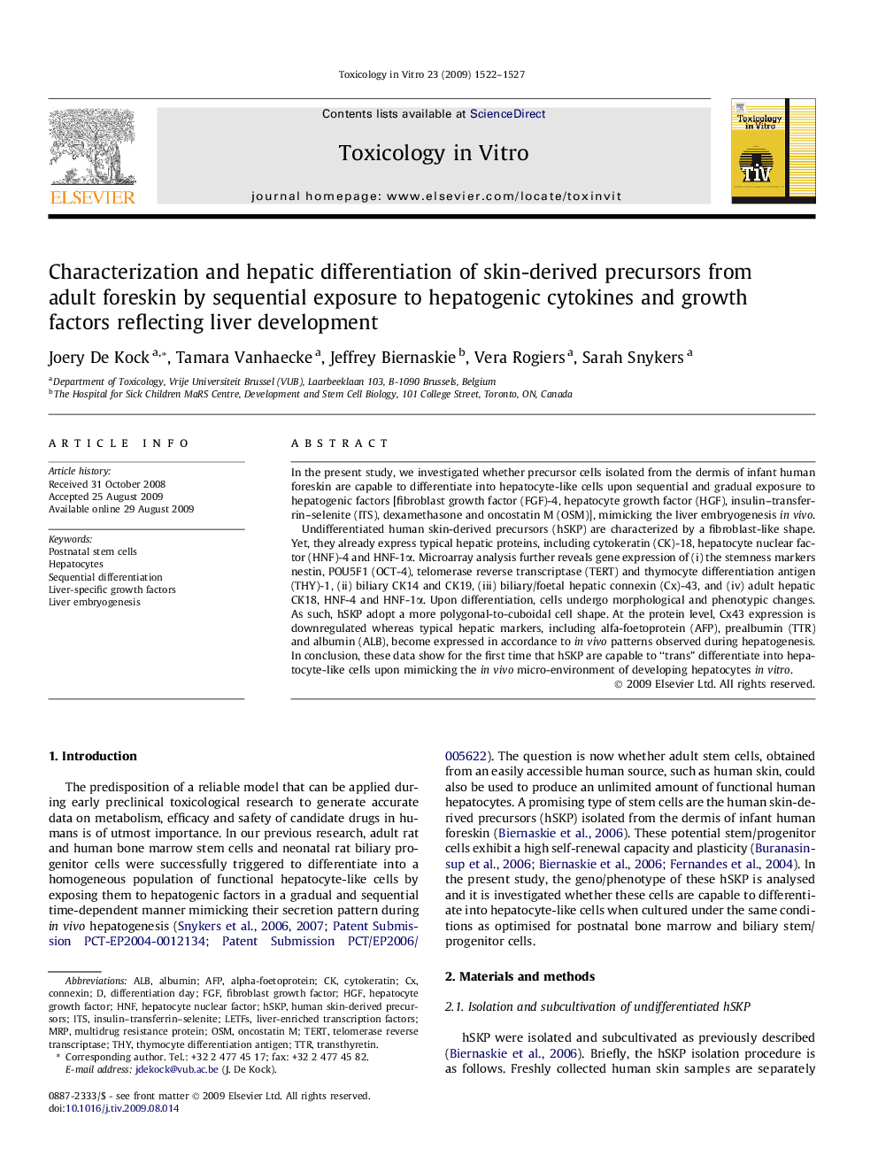 Characterization and hepatic differentiation of skin-derived precursors from adult foreskin by sequential exposure to hepatogenic cytokines and growth factors reflecting liver development