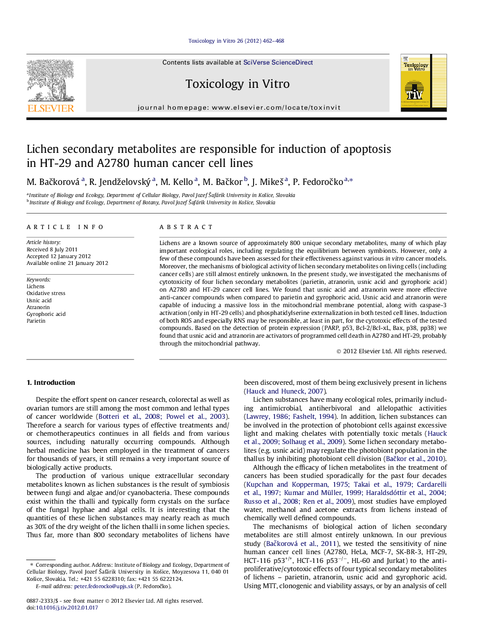 Lichen secondary metabolites are responsible for induction of apoptosis in HT-29 and A2780 human cancer cell lines