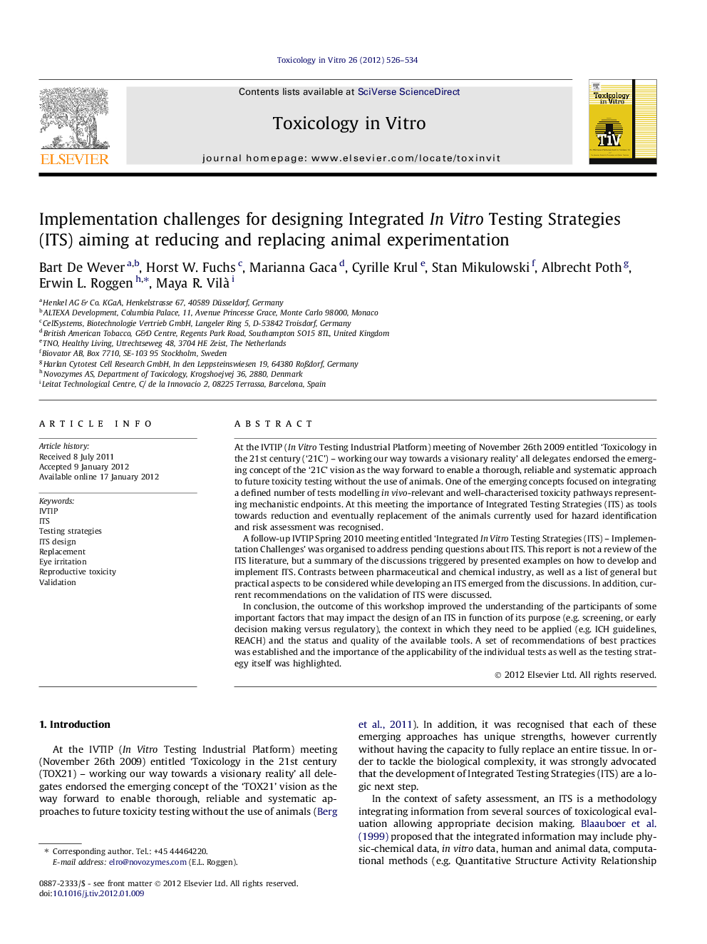 Implementation challenges for designing Integrated In Vitro Testing Strategies (ITS) aiming at reducing and replacing animal experimentation