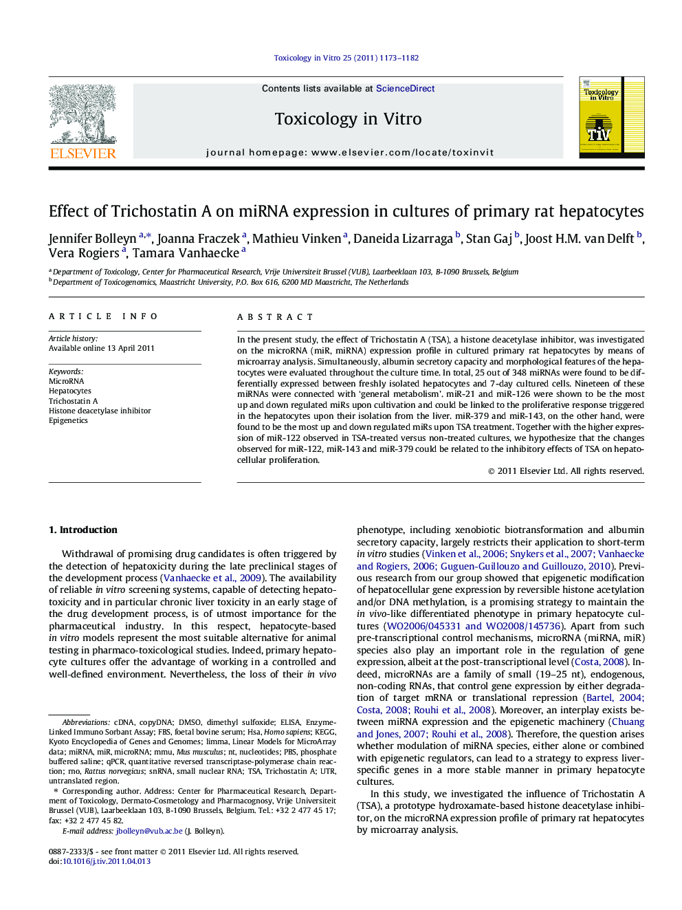 Effect of Trichostatin A on miRNA expression in cultures of primary rat hepatocytes