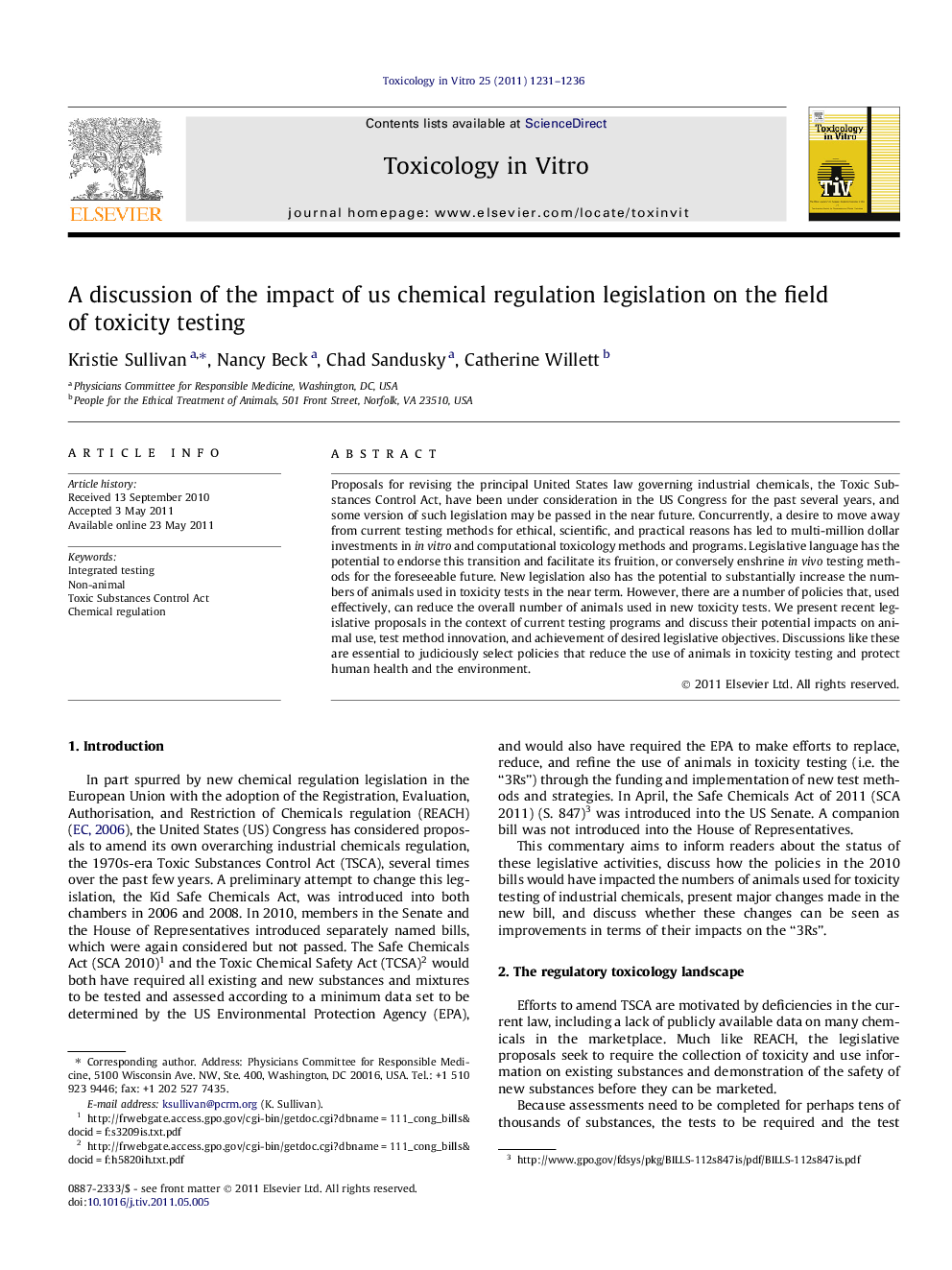 A discussion of the impact of us chemical regulation legislation on the field of toxicity testing