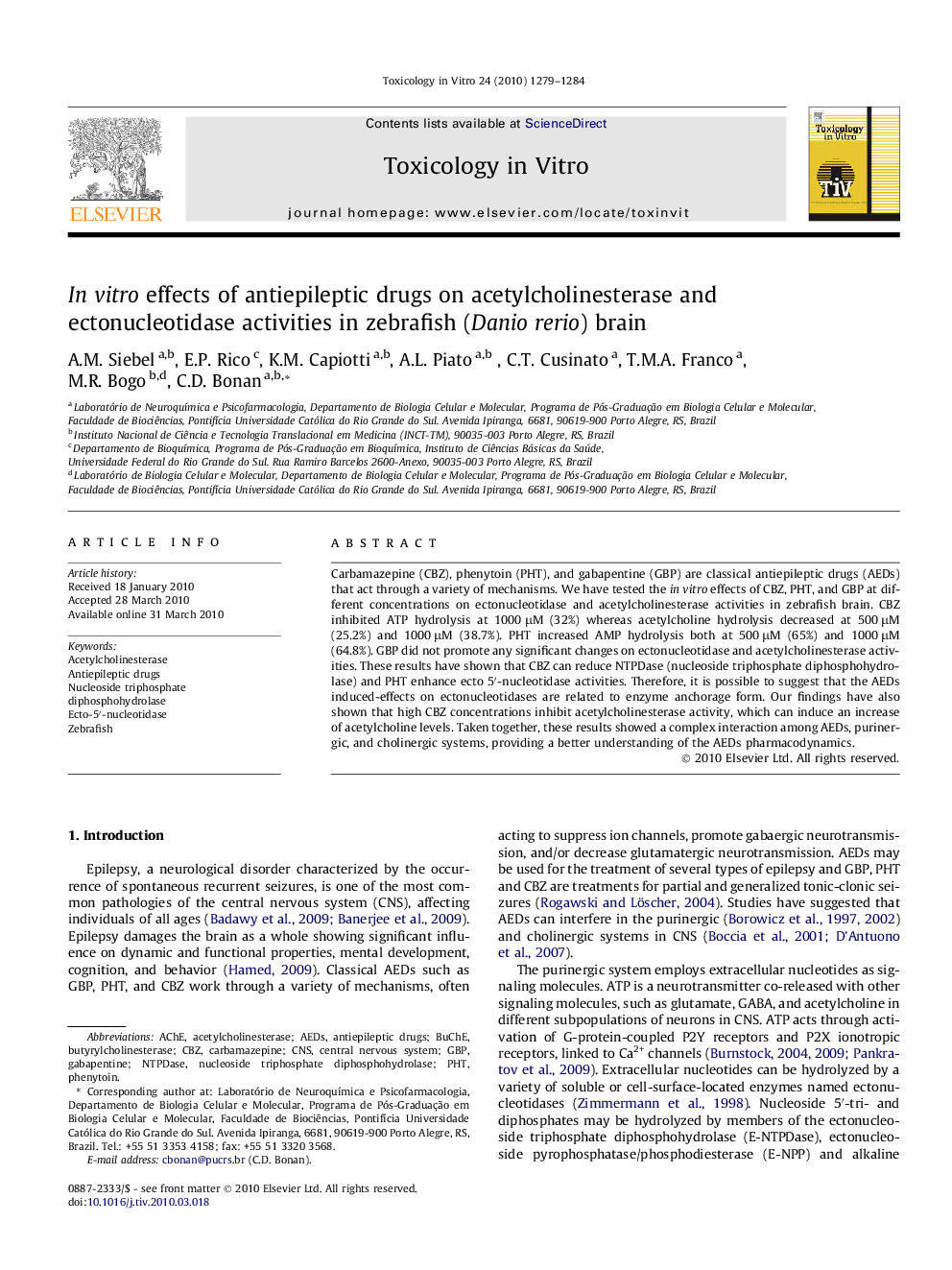 In vitro effects of antiepileptic drugs on acetylcholinesterase and ectonucleotidase activities in zebrafish (Danio rerio) brain