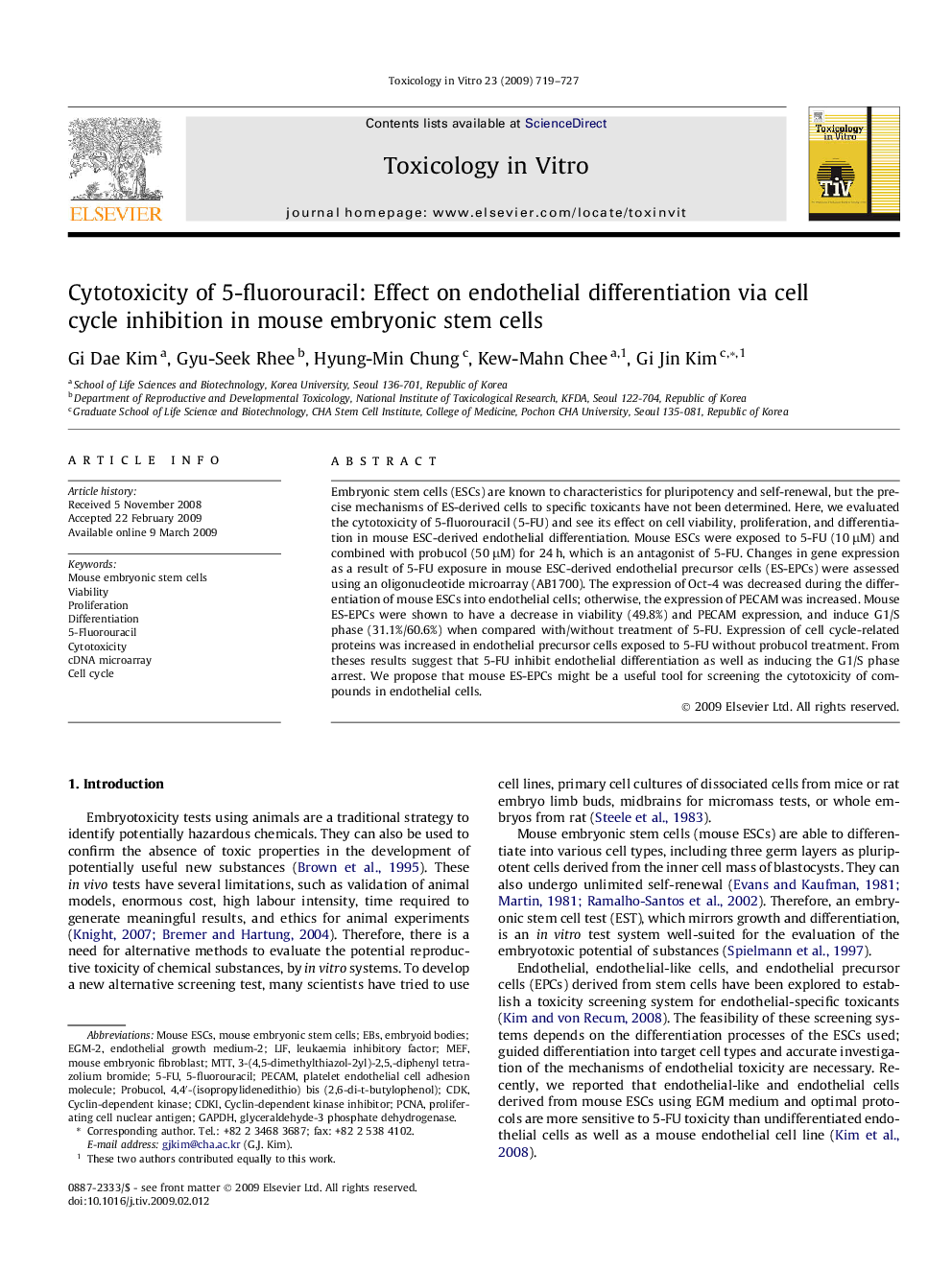 Cytotoxicity of 5-fluorouracil: Effect on endothelial differentiation via cell cycle inhibition in mouse embryonic stem cells