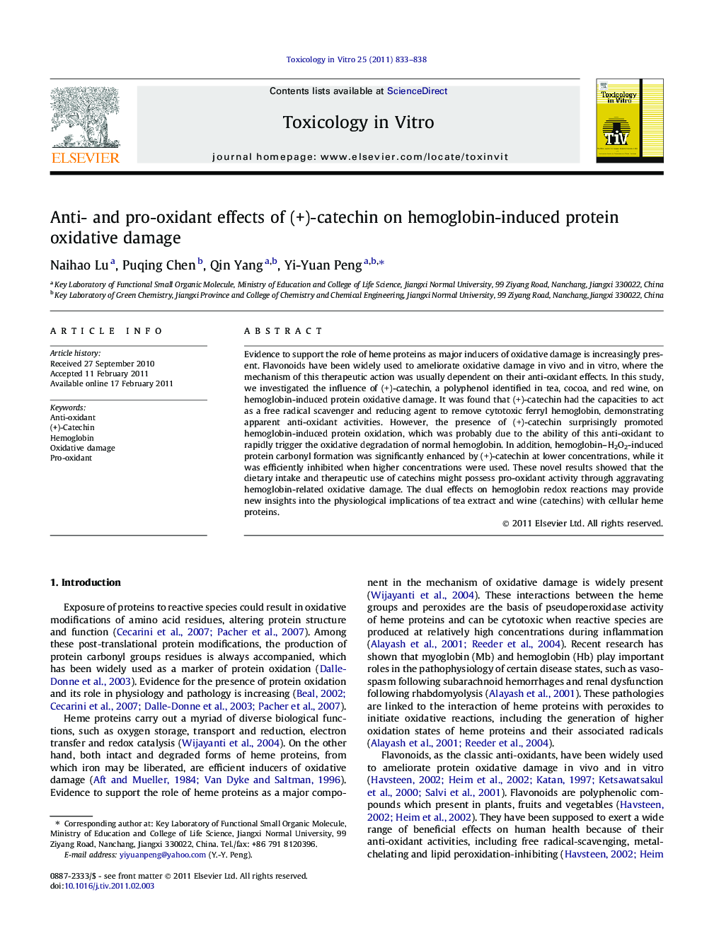 Anti- and pro-oxidant effects of (+)-catechin on hemoglobin-induced protein oxidative damage