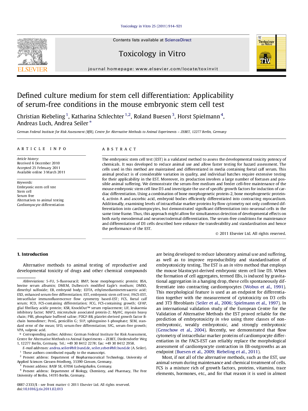 Defined culture medium for stem cell differentiation: Applicability of serum-free conditions in the mouse embryonic stem cell test