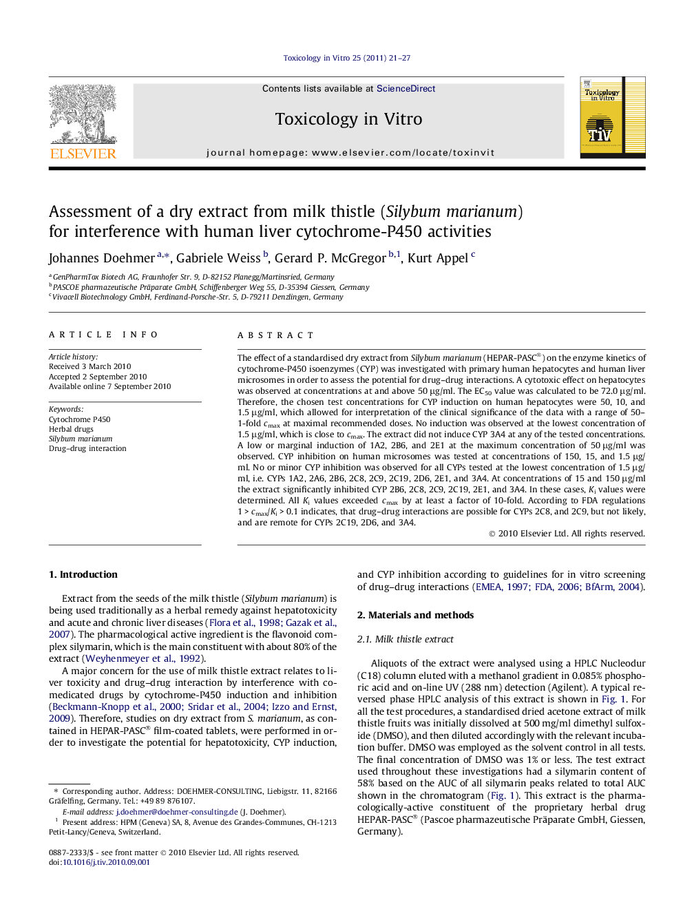 Assessment of a dry extract from milk thistle (Silybum marianum) for interference with human liver cytochrome-P450 activities