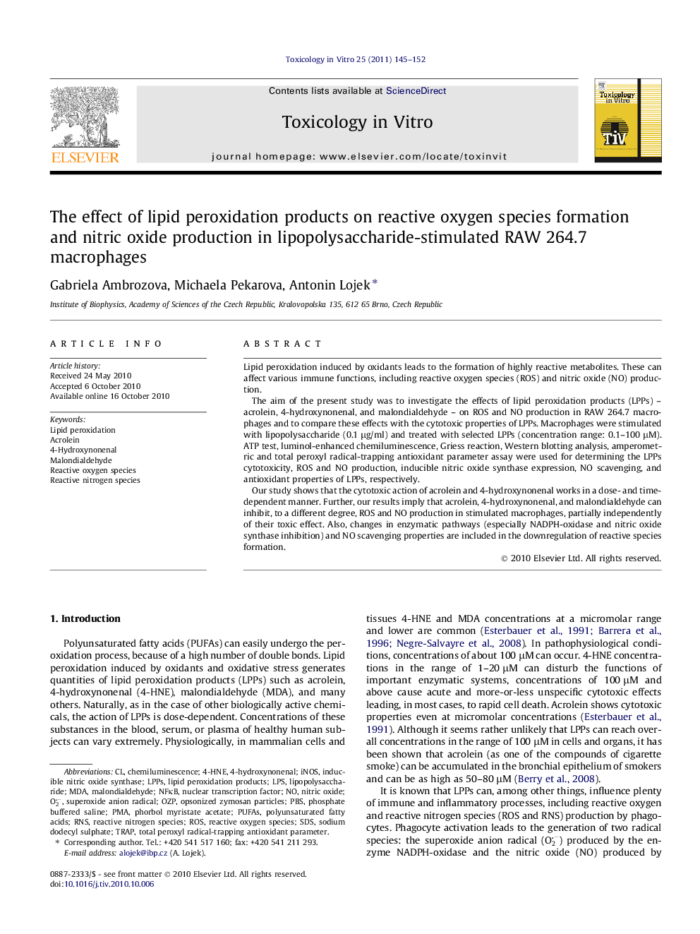 The effect of lipid peroxidation products on reactive oxygen species formation and nitric oxide production in lipopolysaccharide-stimulated RAW 264.7 macrophages