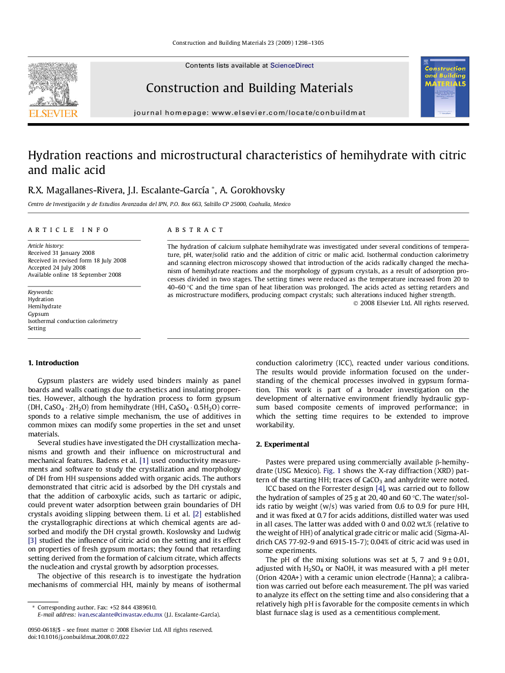 Hydration reactions and microstructural characteristics of hemihydrate with citric and malic acid