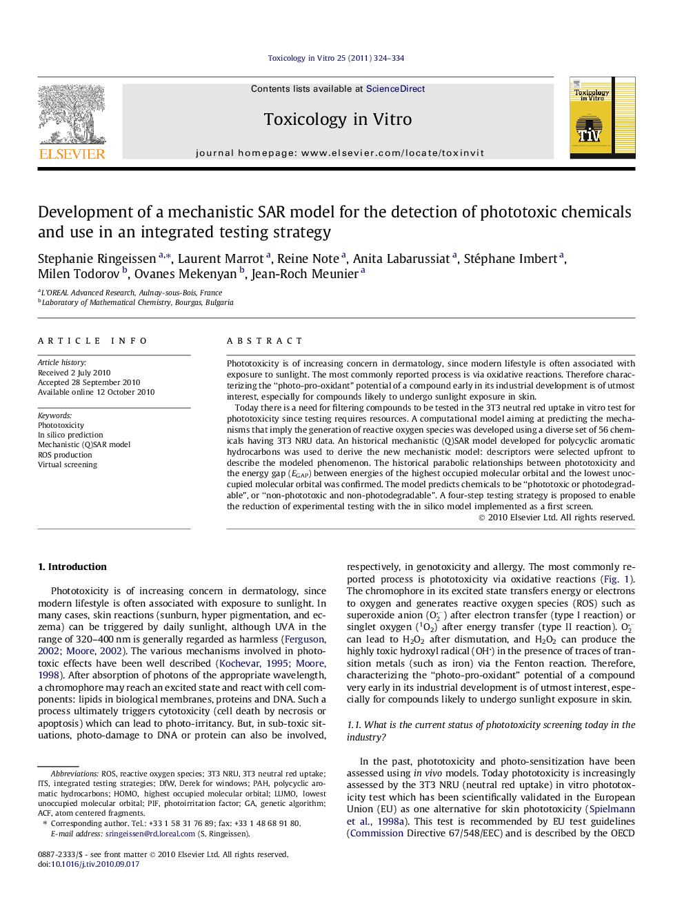 Development of a mechanistic SAR model for the detection of phototoxic chemicals and use in an integrated testing strategy