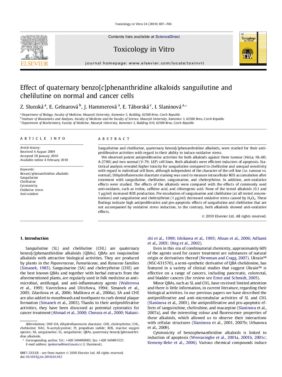 Effect of quaternary benzo[c]phenanthridine alkaloids sanguilutine and chelilutine on normal and cancer cells