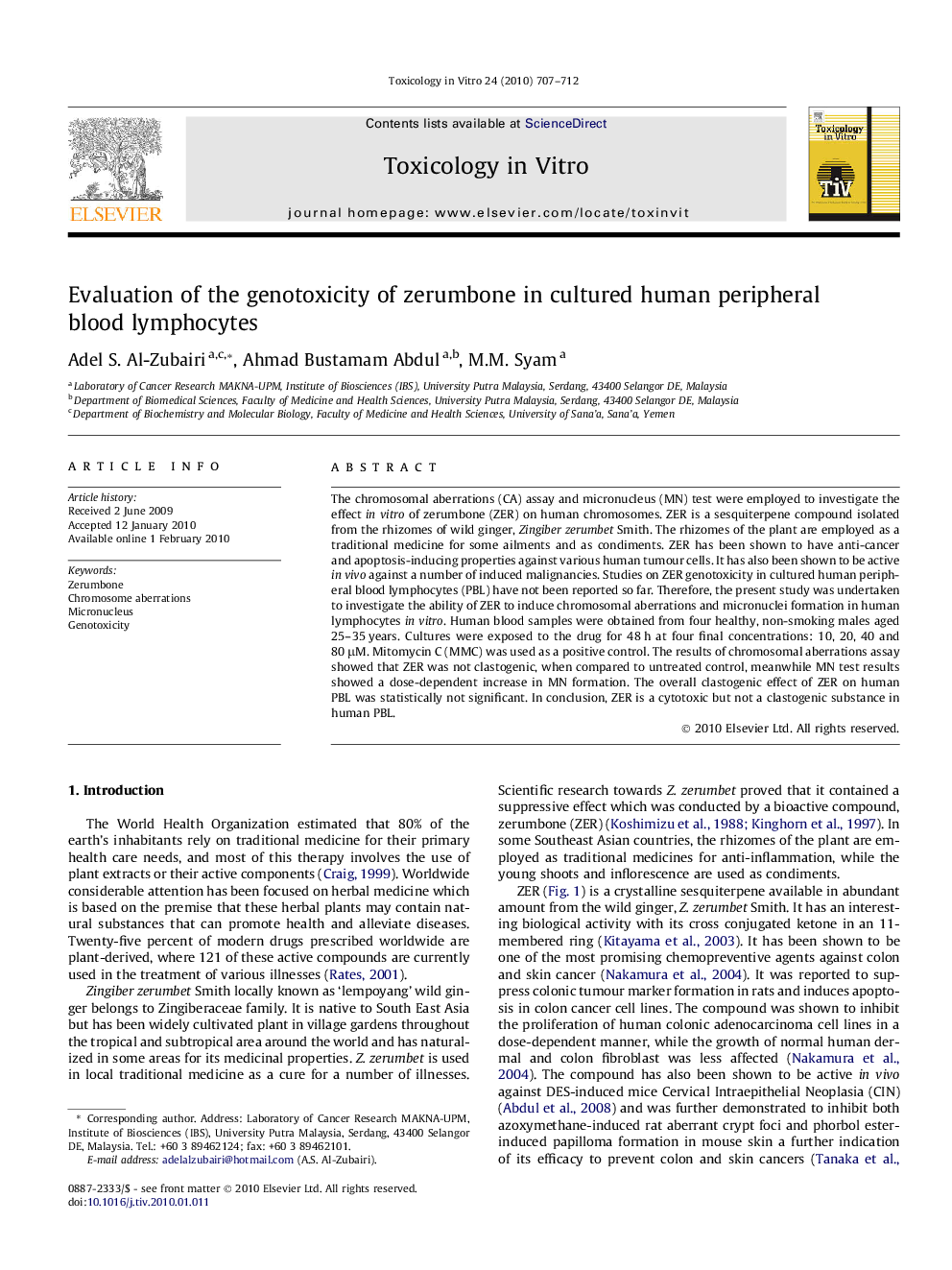 Evaluation of the genotoxicity of zerumbone in cultured human peripheral blood lymphocytes