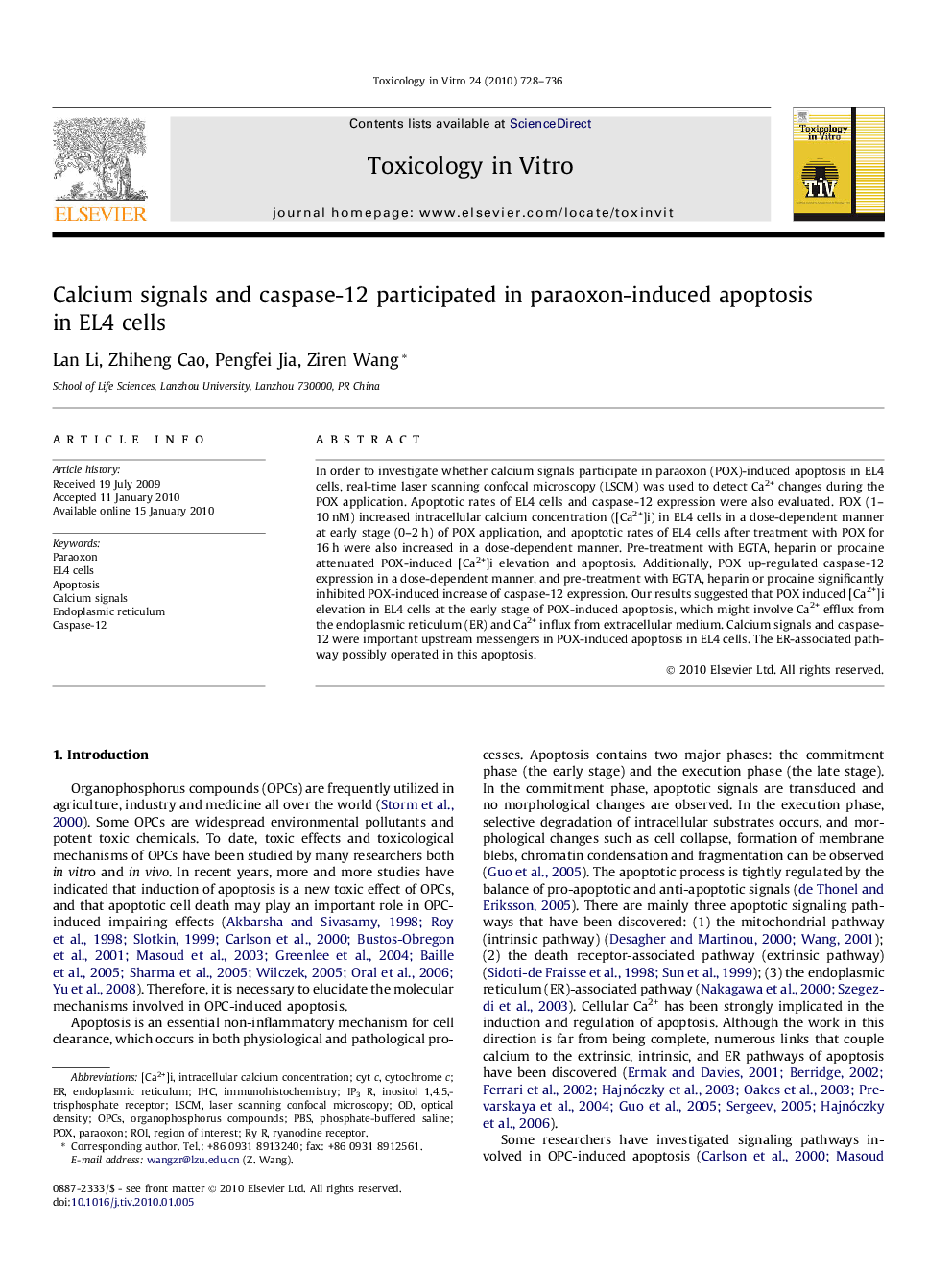 Calcium signals and caspase-12 participated in paraoxon-induced apoptosis in EL4 cells