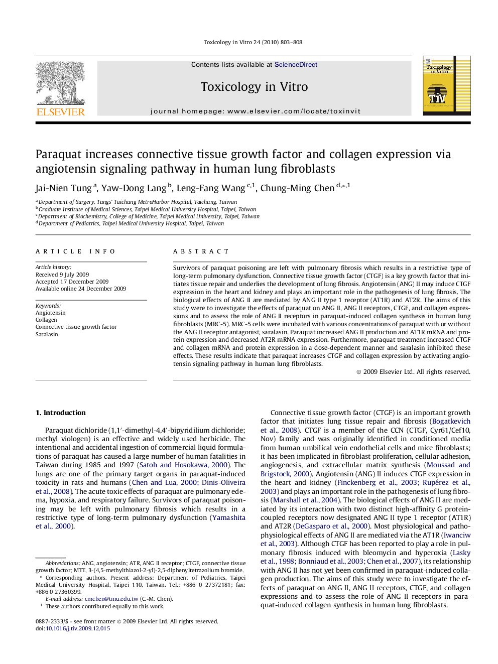 Paraquat increases connective tissue growth factor and collagen expression via angiotensin signaling pathway in human lung fibroblasts