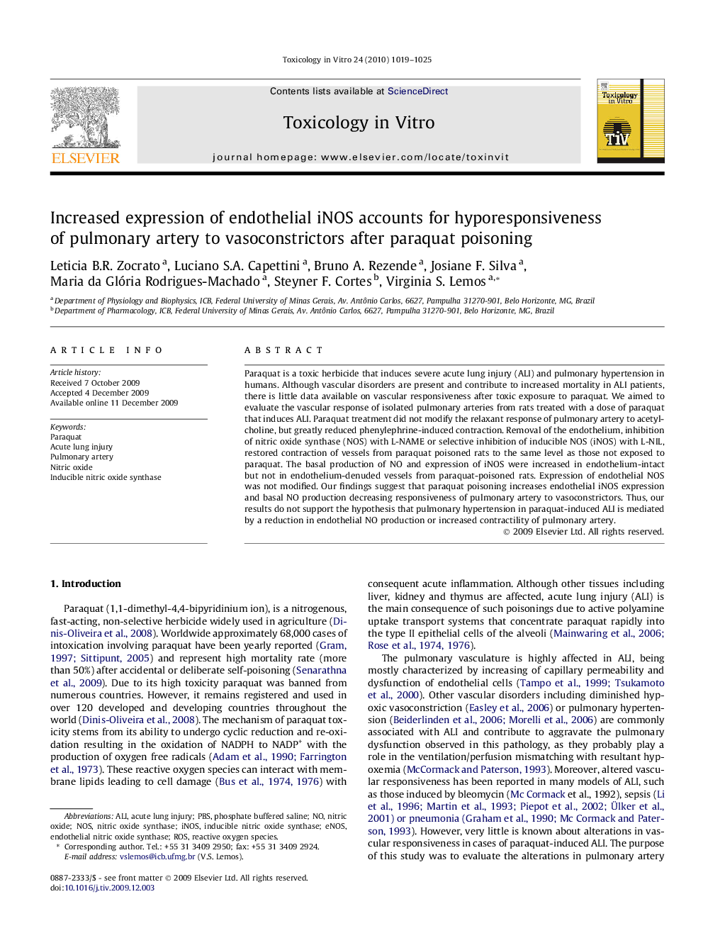 Increased expression of endothelial iNOS accounts for hyporesponsiveness of pulmonary artery to vasoconstrictors after paraquat poisoning