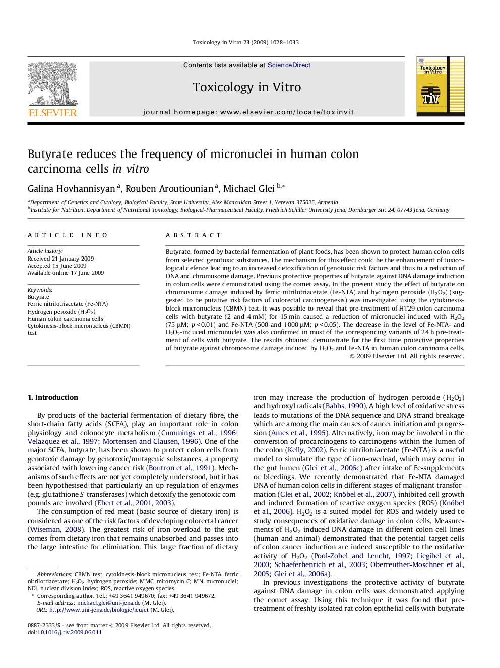 Butyrate reduces the frequency of micronuclei in human colon carcinoma cells in vitro