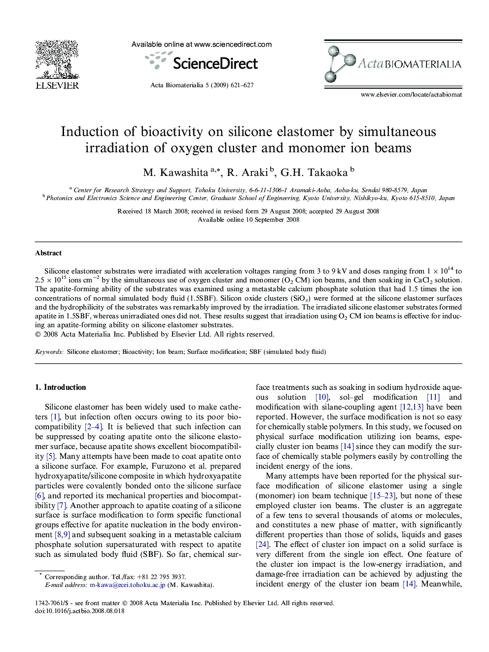 Induction of bioactivity on silicone elastomer by simultaneous irradiation of oxygen cluster and monomer ion beams