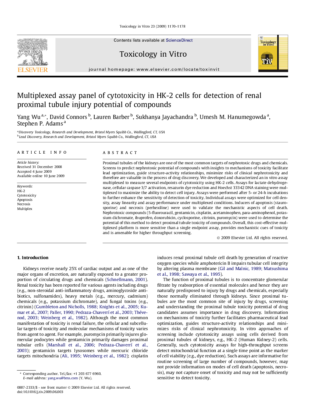 Multiplexed assay panel of cytotoxicity in HK-2 cells for detection of renal proximal tubule injury potential of compounds