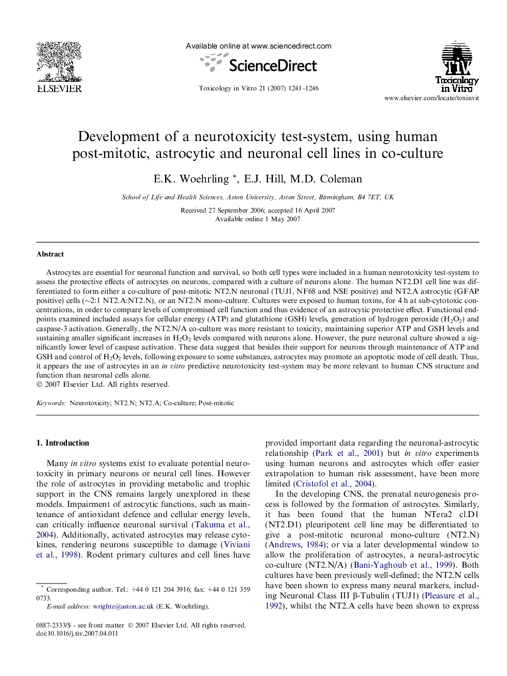 Development of a neurotoxicity test-system, using human post-mitotic, astrocytic and neuronal cell lines in co-culture